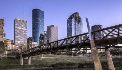 Houston Skyline and Buffalo Bayou Pedestrian Bridge